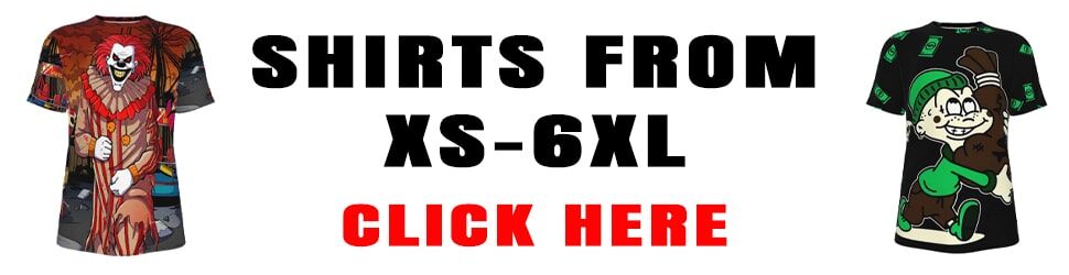 Banner highlighting 'T-Shirt Sizes from Extra Small to 6XL - Click Here,' showcasing inclusive sizing for all body types.