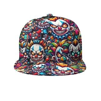 Close-Up of Vibrant Little Evil Clowns Pattern on All-Over Print Hat